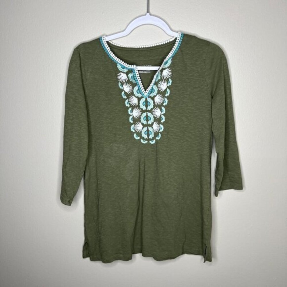 Talbots Womens Size S Green Embroidered Cotton Tunic Top 3/4 Sleeve Boho